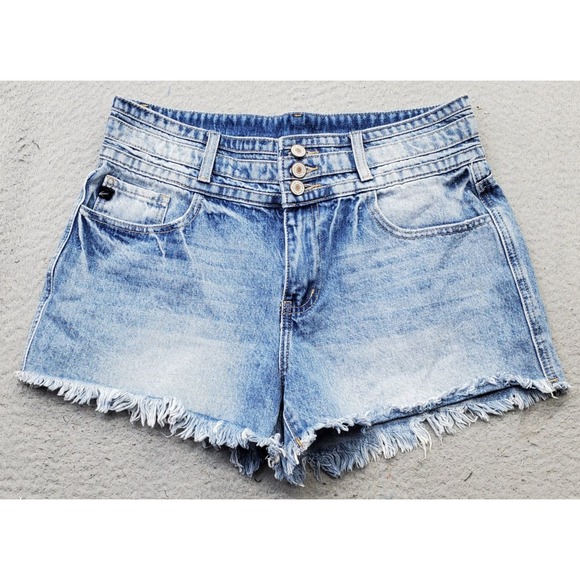 KanCan Jean Shorts Womens 9/28 Blue Denim Frayed Hem Button Fly Black Tab - Picture 1 of 9